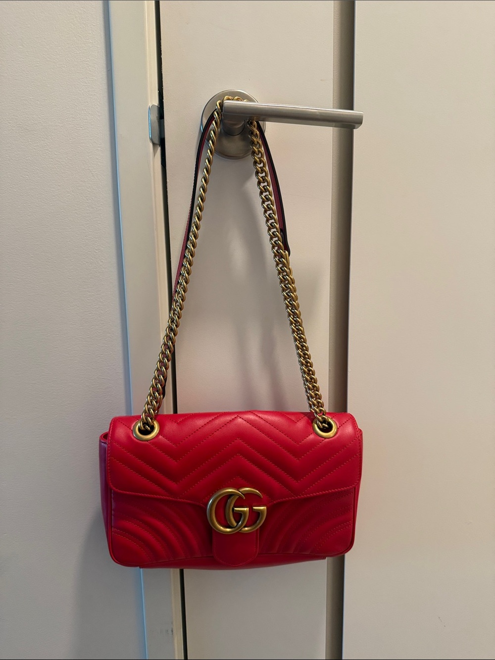 Gucci GG Red Marmont Leather Shoulder Bag with Gold Hardware
